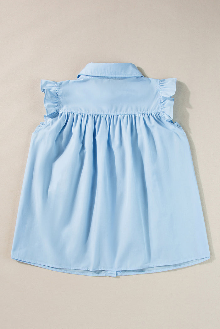 Chemise sans manches à volants et bordure Ric Rac bleu ciel-A WOMAN WE LOVE