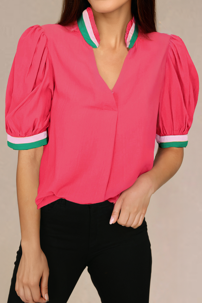 Chemisier à manches courtes et col en V avec bordure colorée carotte