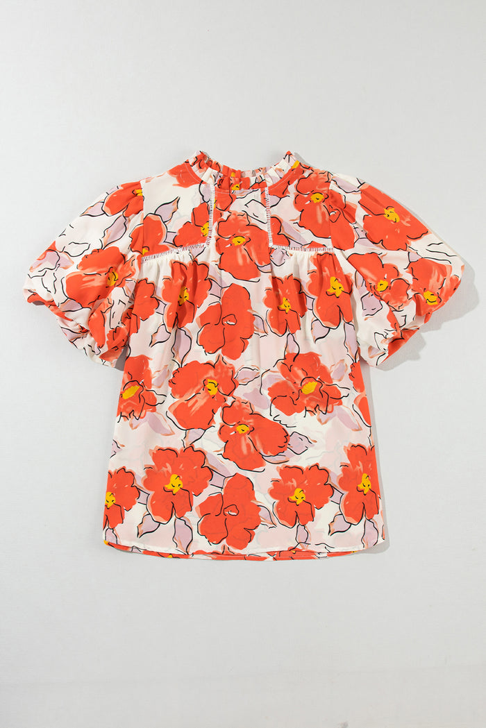 Chemisier ample orange à manches bouffantes et col volanté et motif floral-A WOMAN WE LOVE