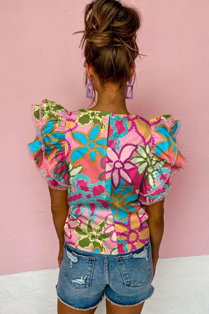Chemisier multicolore à manches volantées et imprimé floral vibrant-A WOMAN WE LOVE