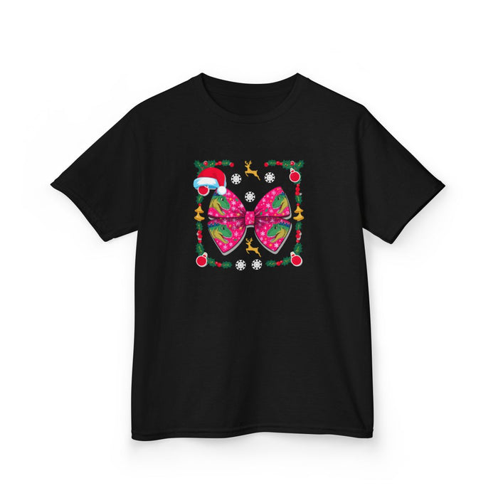 Christmas Dino Bow Kids T-Shirt - funny t-shirt by Cheeky Business