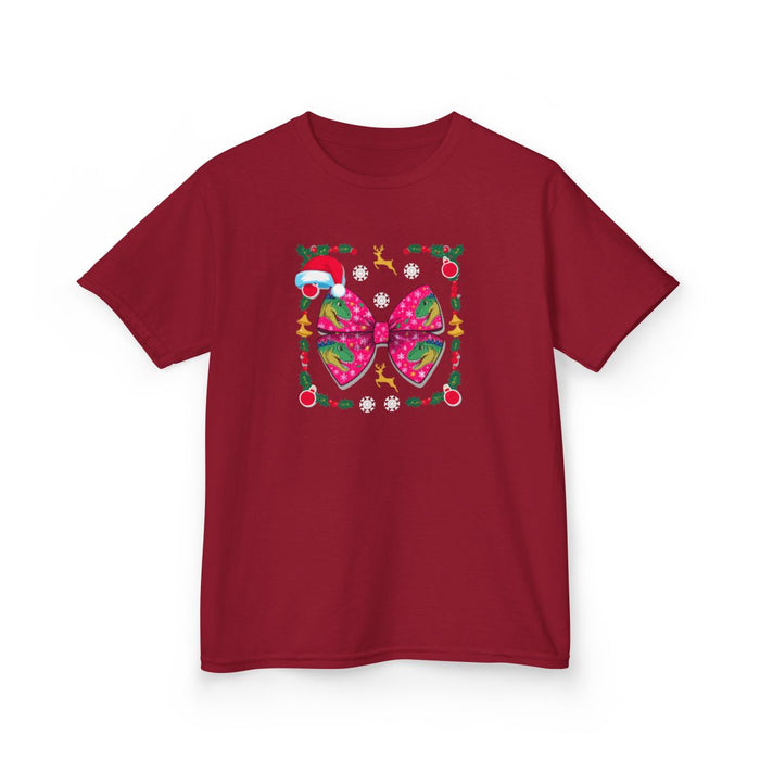 Christmas Dino Bow Kids T-Shirt - funny t-shirt by Cheeky Business