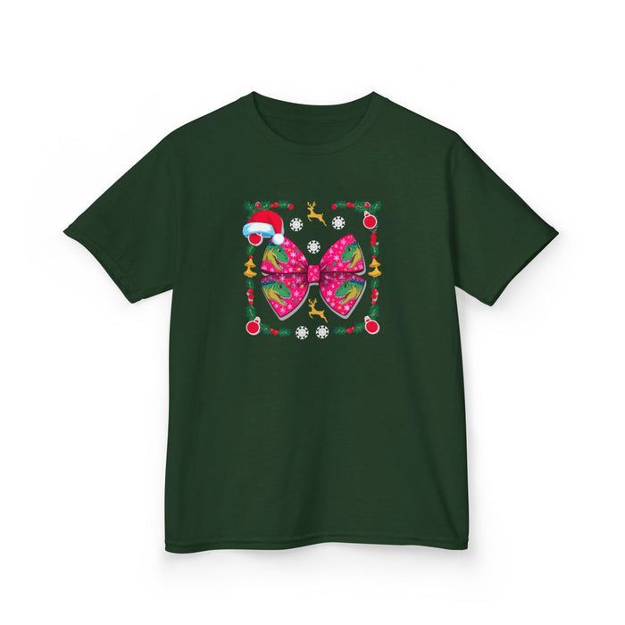 Christmas Dino Bow Kids T-Shirt - funny t-shirt by Cheeky Business