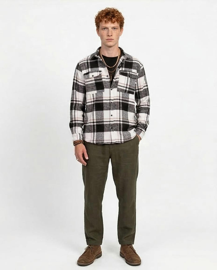 Classic Neutral Plaid Flannel Double Pocket Shirt - O200611