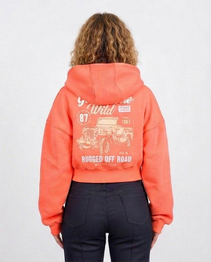 Coral Cropped Graphic Zip-Up Hoodie - O201150