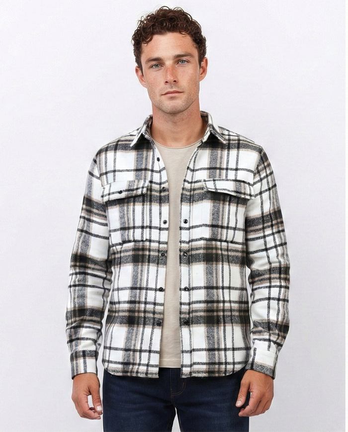 Cream & Brown Plaid Flannel Button-Down Shirt - O200613