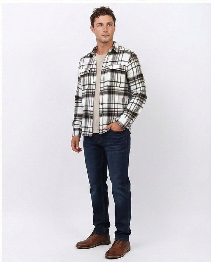 Cream & Brown Plaid Flannel Button-Down Shirt - O200613