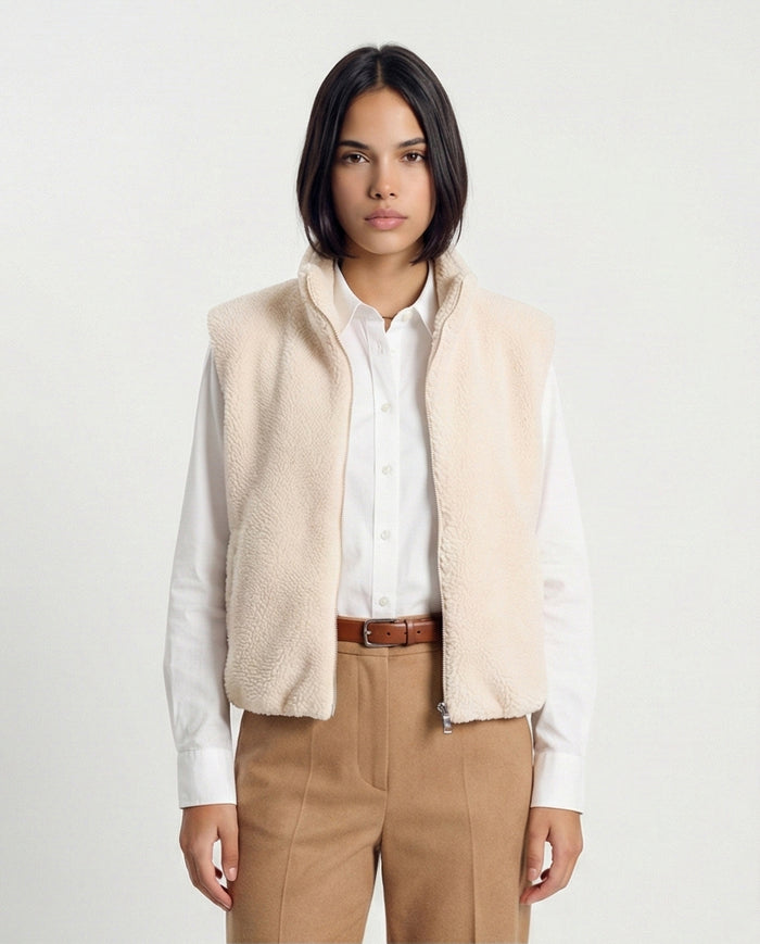 Cream Sherpa High-Neck Zip-Up Vest - O201377