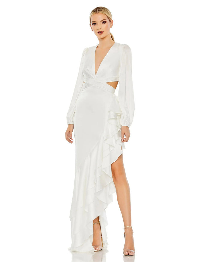 White Cut Out Asymmetrical Ruffled Gown - Ieena for Mac Duggal