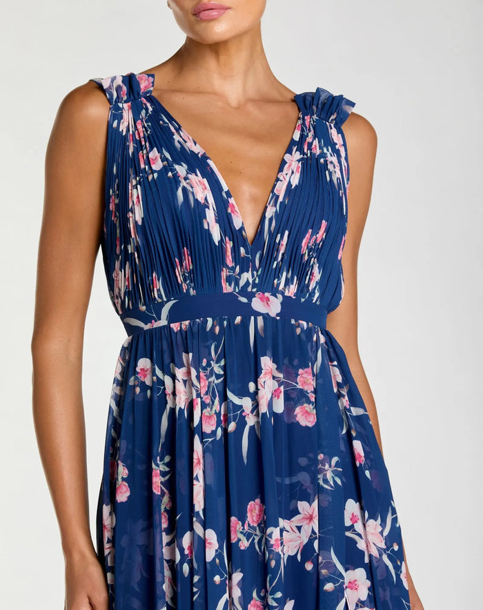 Blue Sleeveless Pleated Floral Print Chiffon V-Neck Gown - Ieena for Mac Duggal