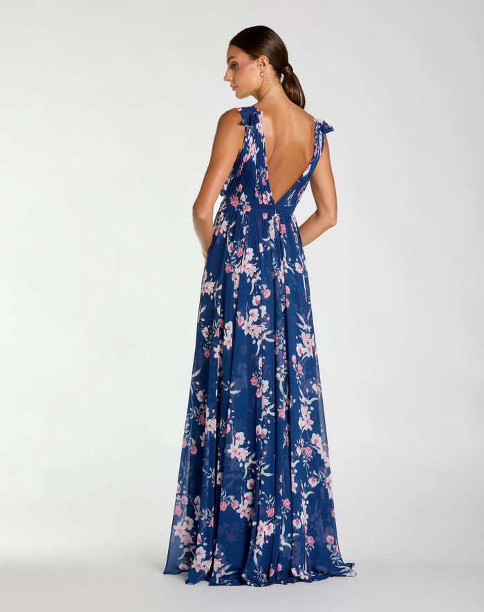 Blue Sleeveless Pleated Floral Print Chiffon V-Neck Gown - Ieena for Mac Duggal