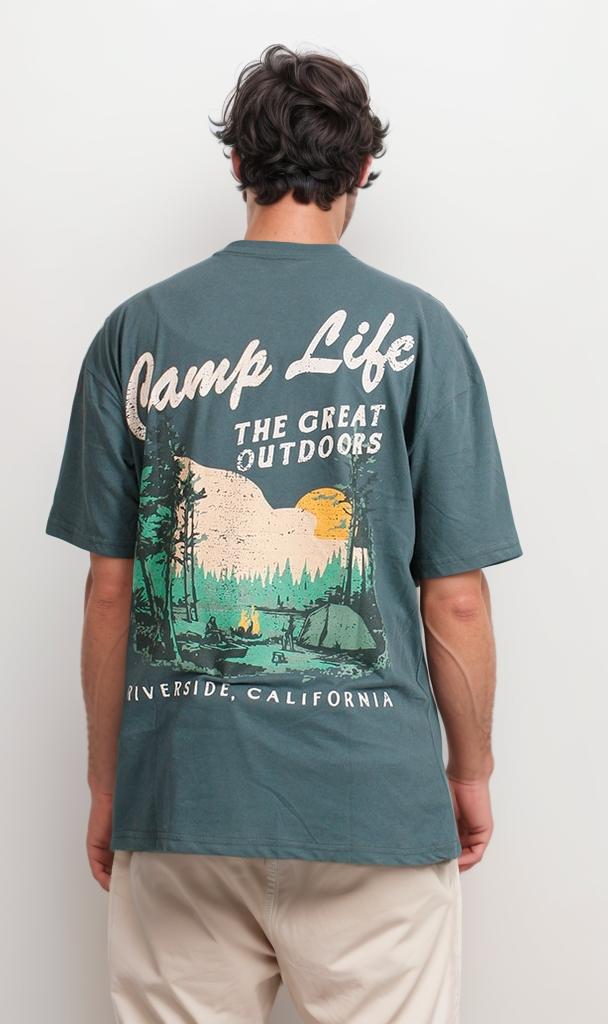 Dark Green Camp Life Graphic Oversized T-Shirt - O203145