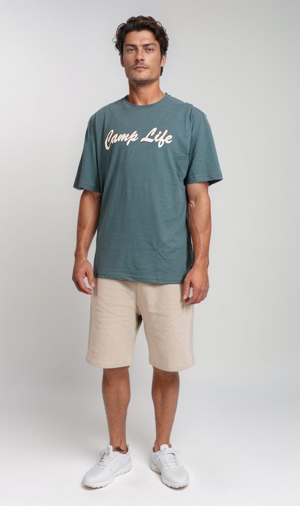 Dark Green Camp Life Graphic Oversized T-Shirt - O203145
