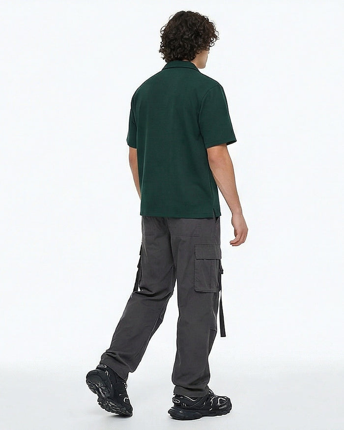 Dark Green Textured Resort Collar Short Sleeve Shirt - R216755