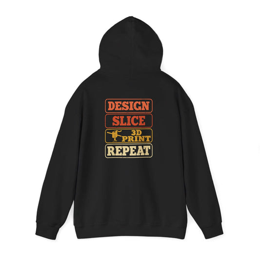 black hoodie with stacked Design Slice 3D Print Repeat typography for makers and 3D printing enthusiasts
