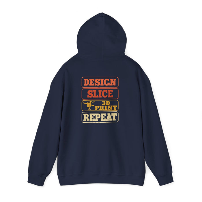 navy hoodie with retro orange stacked text design for 3D printing hobbyists and makers