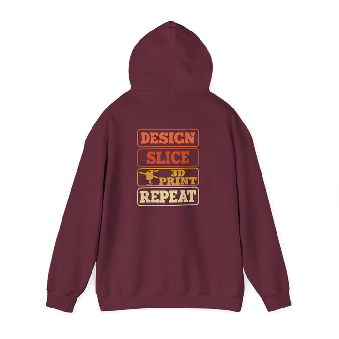 maroon hoodie with Design Slice 3D Print Repeat graphic for CAD designers and 3D printer owners