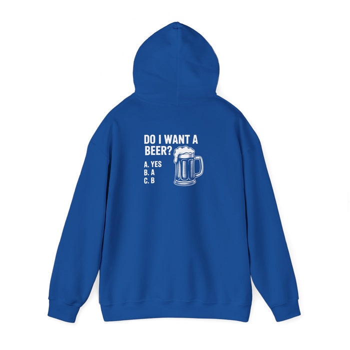 navy hoodie with do i want a beer funny slogan graphic