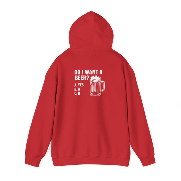 red hoodie with do i want a beer funny drinking graphic