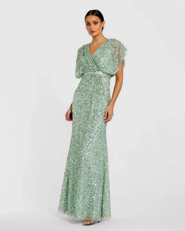 Green Draped Sleeve V Neck Gown - Mac Duggal