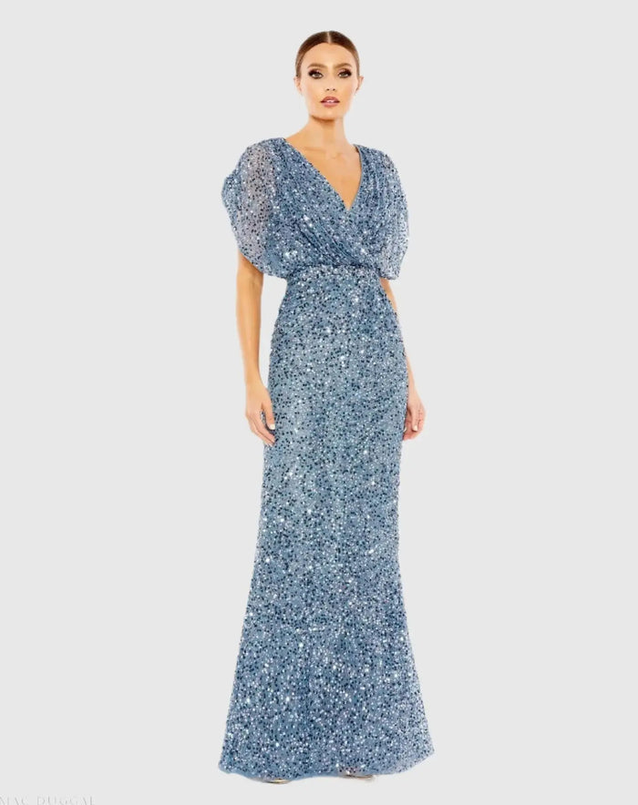 Blue Draped Sleeve V Neck Gown - Mac Duggal