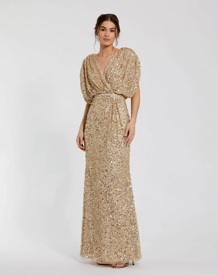 Petite Sequin Draped Sleeve V-Neck Gown - Mac Duggal