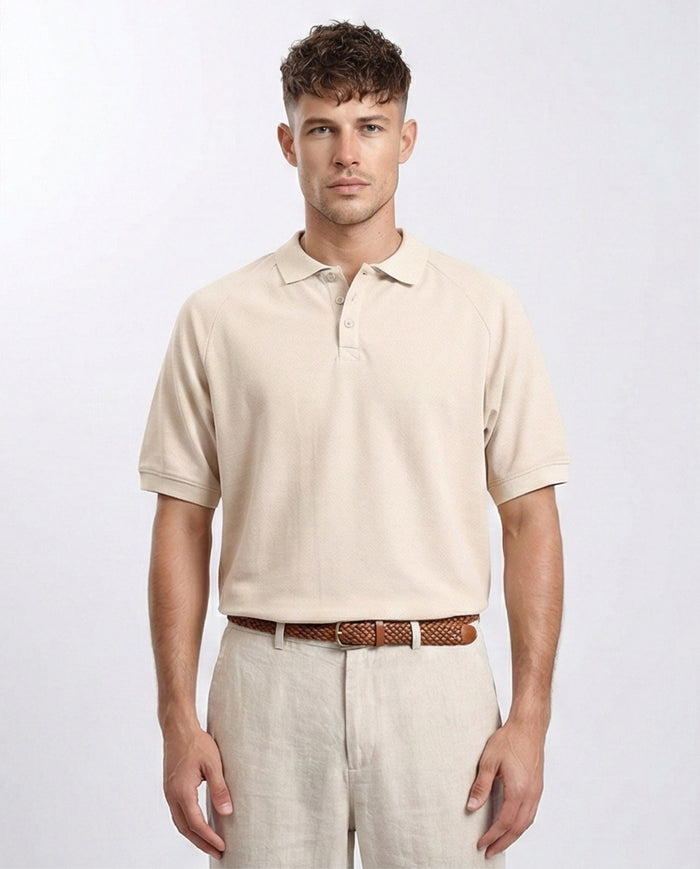 Elbow Sleeves Solid Polo Shirt - Beige