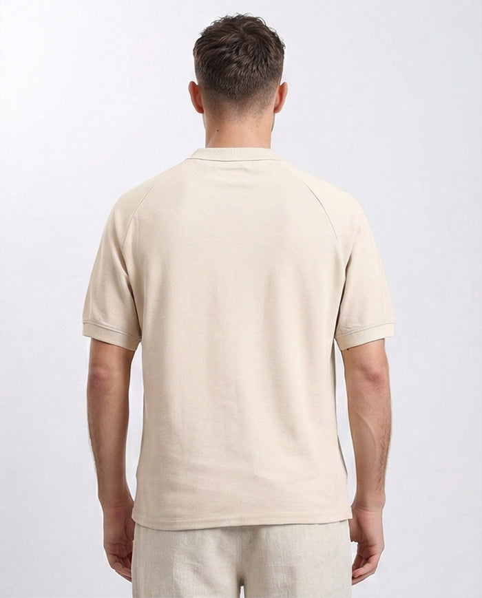 Elbow Sleeves Solid Polo Shirt - Beige - R208946