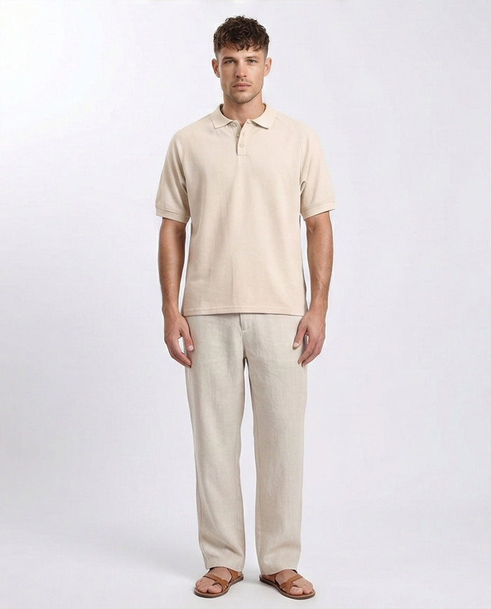 Elbow Sleeves Solid Polo Shirt - Beige - R208946