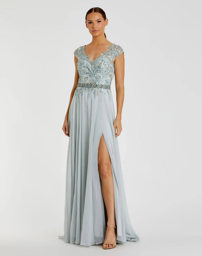 Blue Embellished Cap Sleeve Bodice Flowy Gown - Mac Duggal