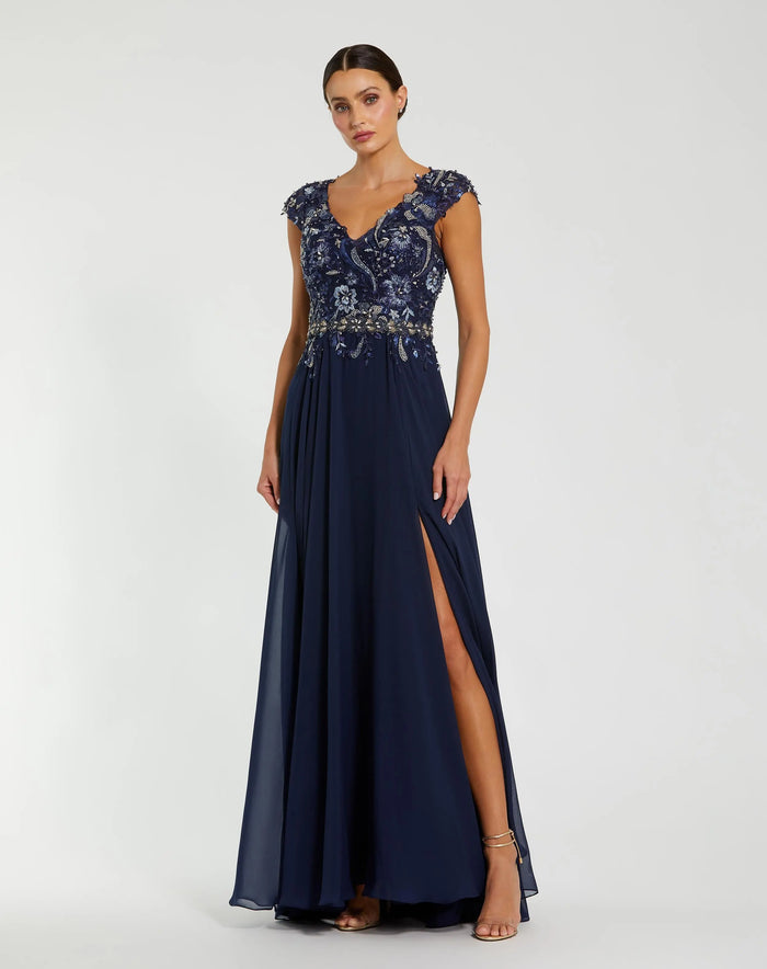 Navy Embellished Chiffon Cap Sleeve A-Line Gown Mac Duggal