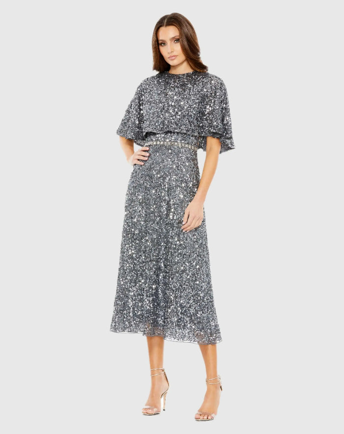 Gray Embellished Cape High Neck Midi Dress - Mac Duggal