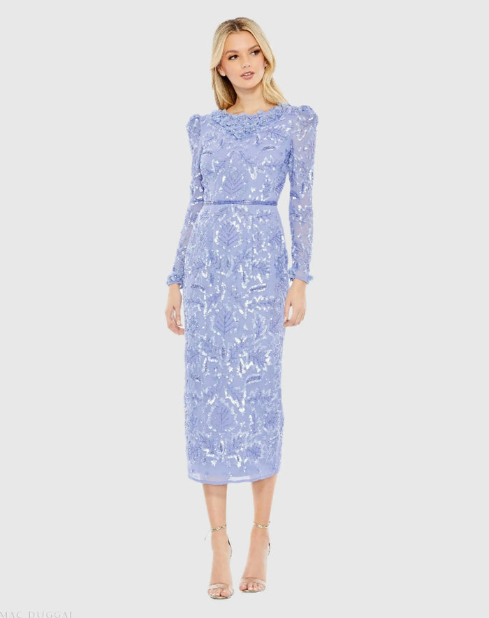 Purple Embellished High Neck Puff Sleeve Fitted Dress