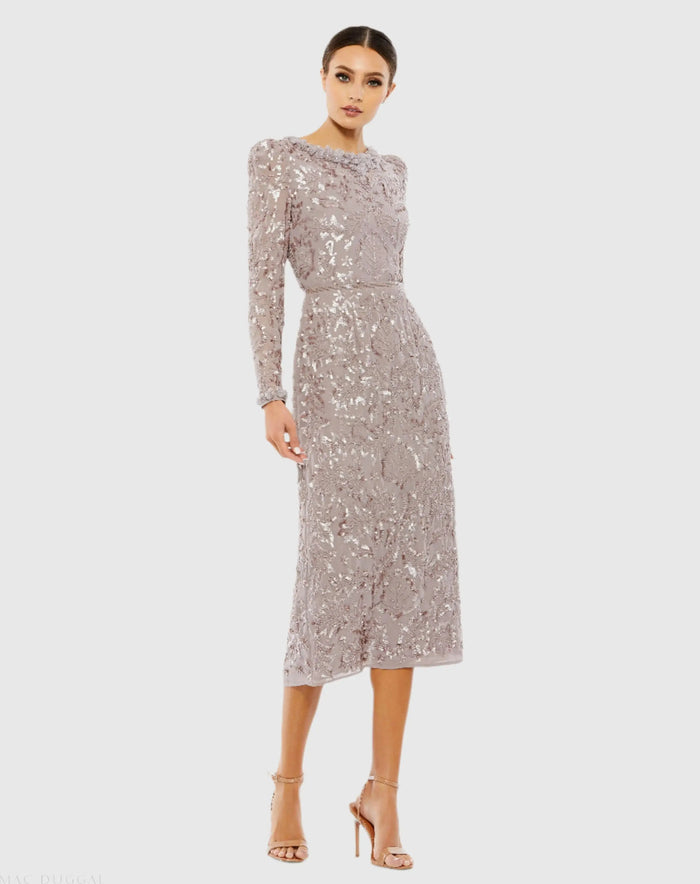Light Purple Embellished High Neck Puff Sleeve Midi Sheath Dress - Mac Duggal