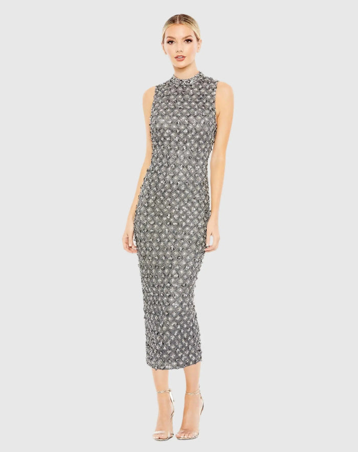 Gray Embellished High Neck Sleeveless Sheath Dress - Mac Duggal