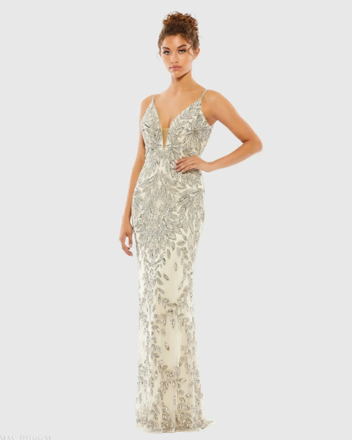 Silver Embellished Leaf Evening Gown - Mac Duggal