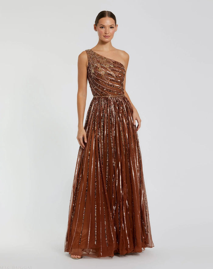 Brown Embellished One Shoulder A-Line Gown - Mac Duggal