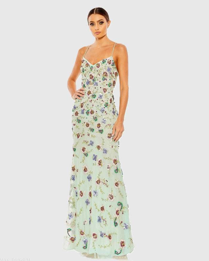 Green Embellished Spaghetti Strap Lace Up Gown - Mac Duggal
