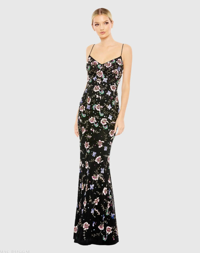Black Embellished Spaghetti Strap Lace Up Gown - Mac Duggal