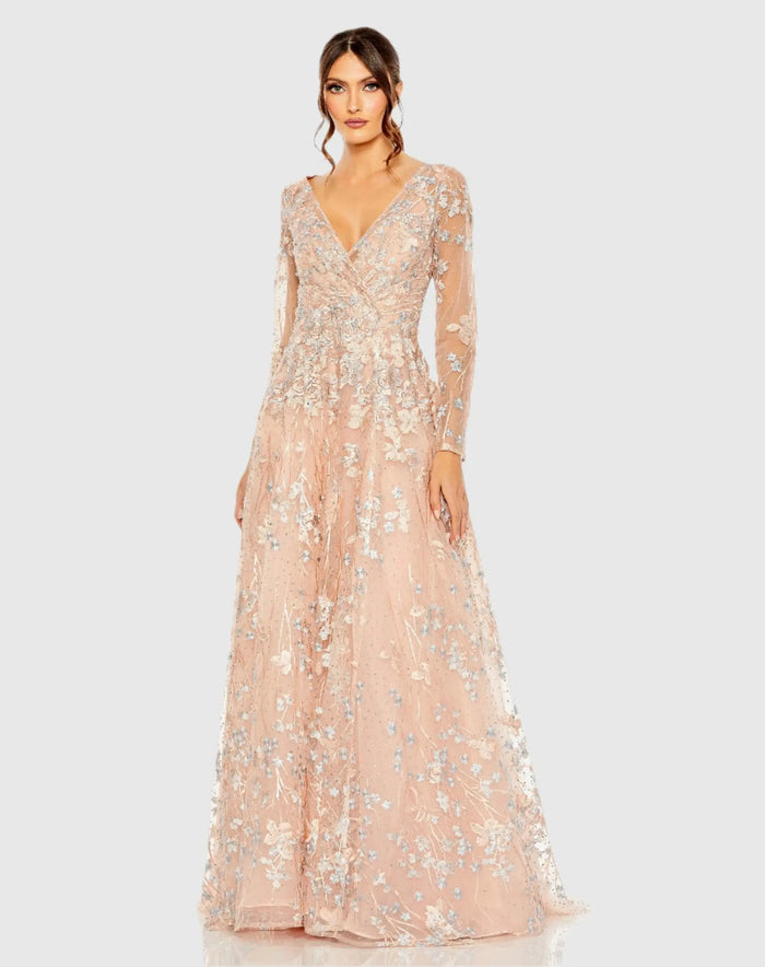 Pink Embroidered Lace Wrap Over Illusion Long Sleeve A Line Gown - Mac Duggal