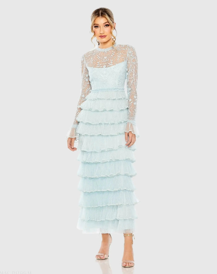 Blue Embroidered Long Sleeve Ruffled Tiered Dress - Mac Duggal