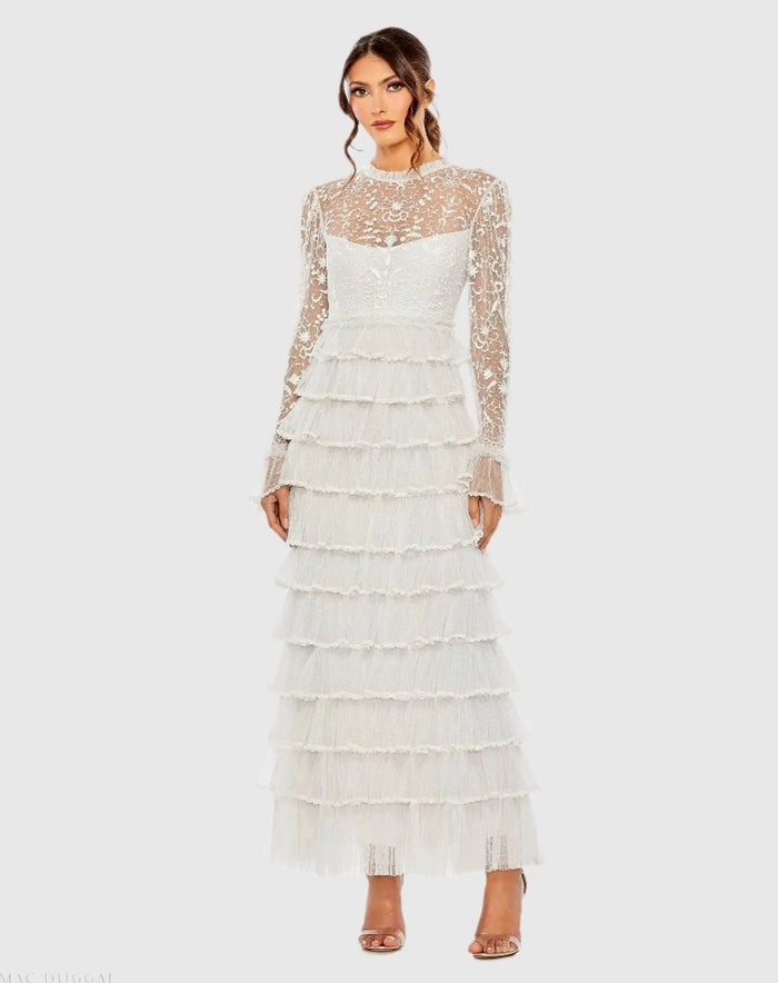 White Embroidered Long Sleeve Ruffled Tiered Dress - Mac Duggal