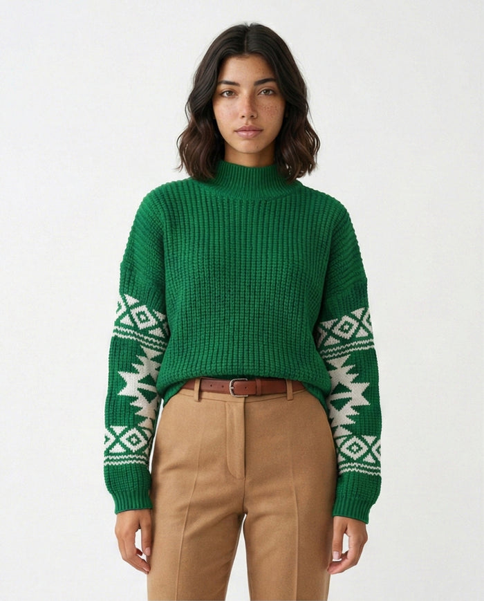 Emerald Green Ribbed Knit Mock Neck Pullover with Geometric Sleeves - O201332