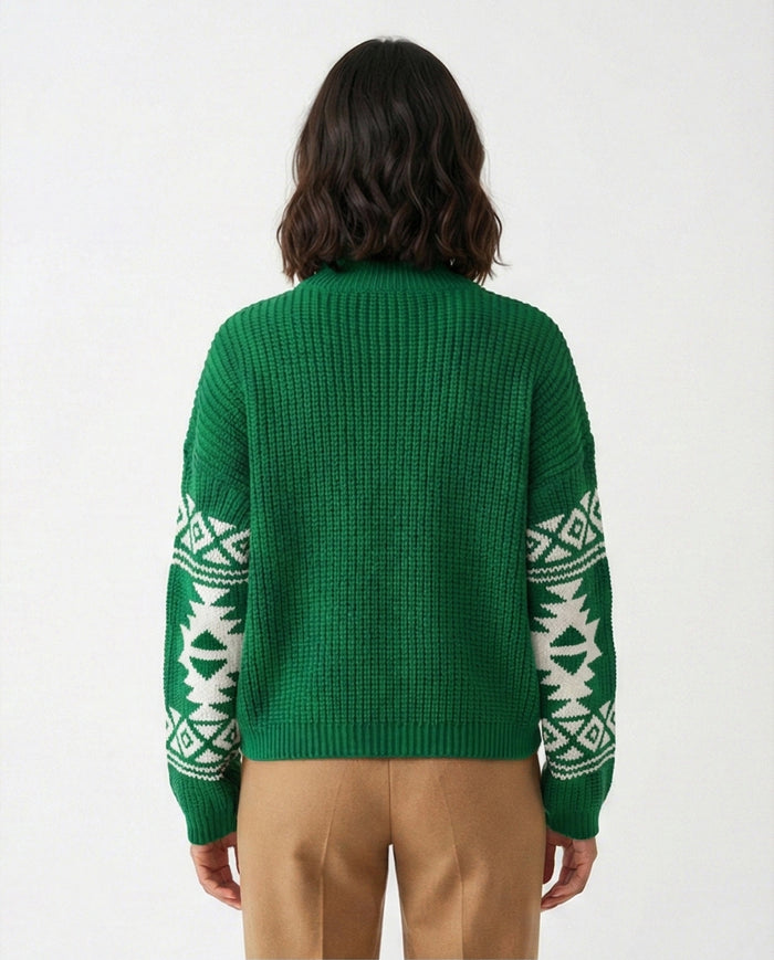Emerald Green Ribbed Knit Mock Neck Pullover with Geometric Sleeves - O201332