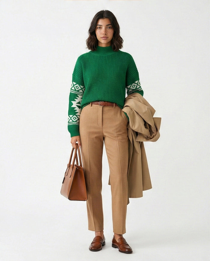 Emerald Green Ribbed Knit Mock Neck Pullover with Geometric Sleeves - O201332