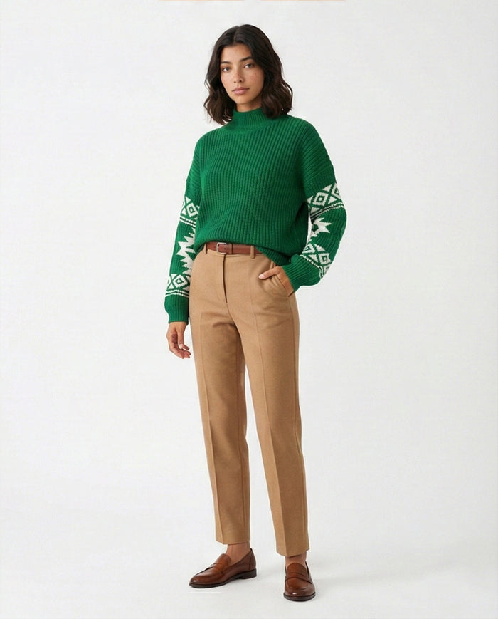 Emerald Green Ribbed Knit Mock Neck Pullover with Geometric Sleeves - O201332