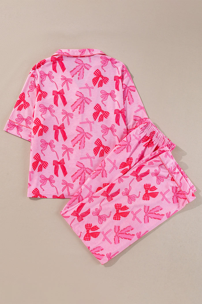 Ensemble pyjama rose à manches courtes et pantalon à col à revers imprimé nœud papillon-A WOMAN WE LOVE