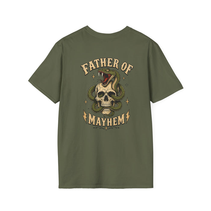 navy t-shirt with farthor of mayhem funny dad design