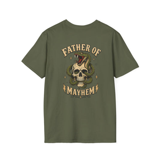 navy t-shirt with farthor of mayhem funny dad design