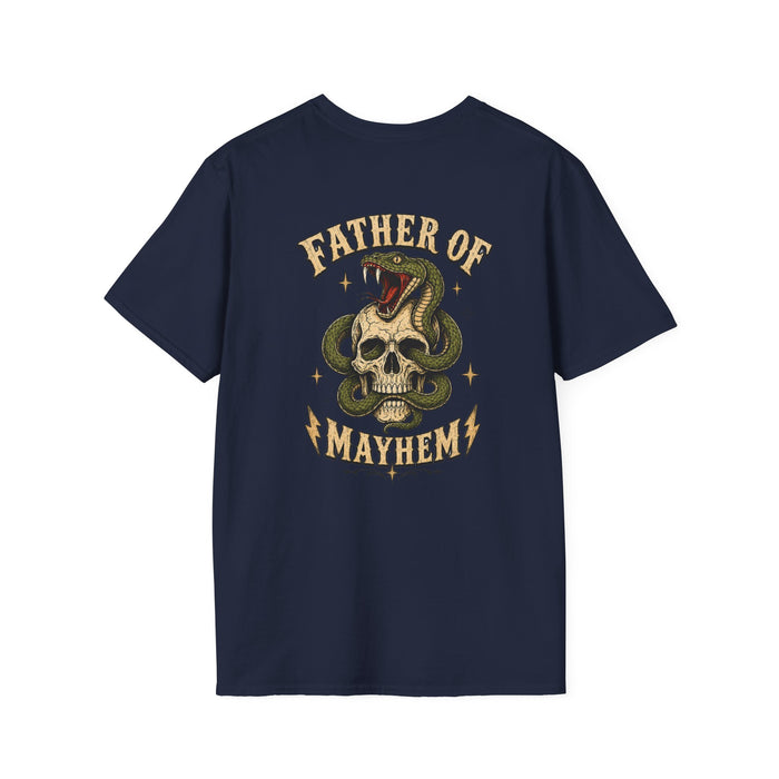 white t-shirt with farthor of mayhem dad gift design